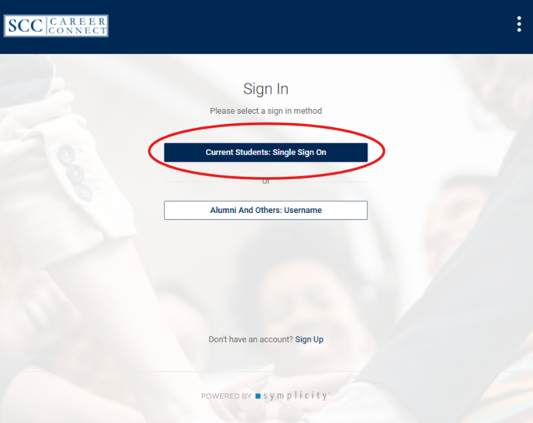 Red circle around Current Student: Single Sign on directing people to click that option.