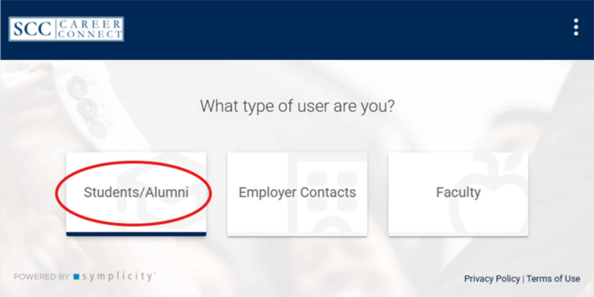 red circle around Students/Alumni directing people to click that option.
