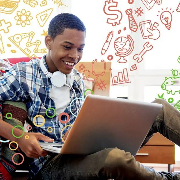 Student on laptopn with colorful graphics surrounding him