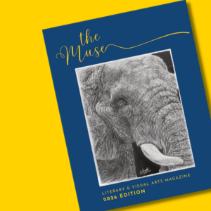 SCC college arts magazine "The Muse" with a black and white drawing of an elephant on the cover.