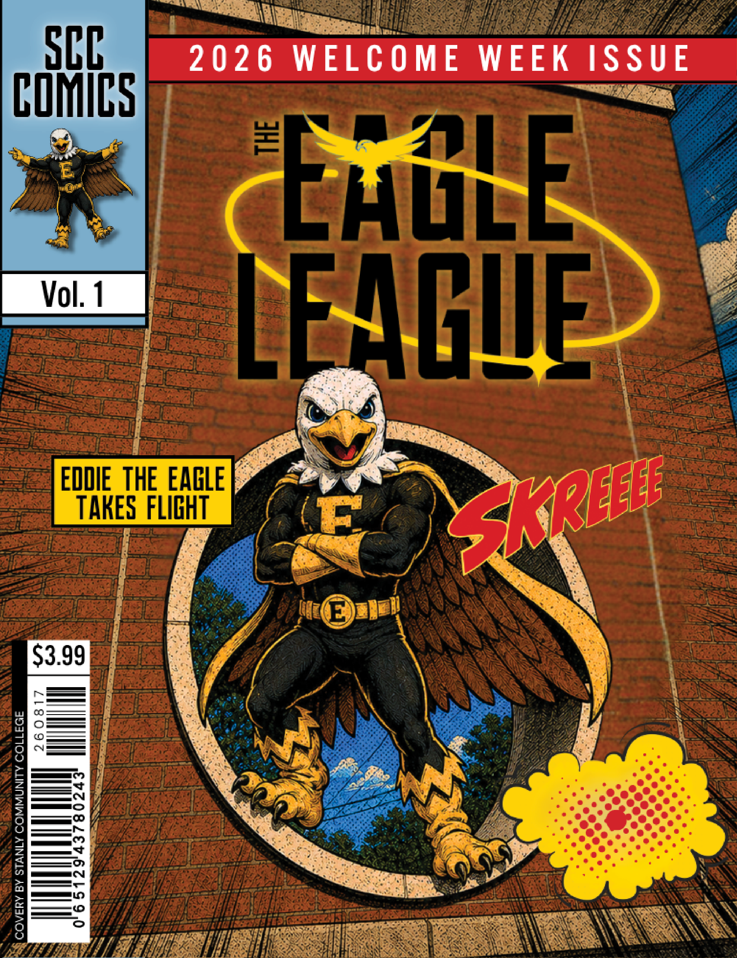 SCC Welcome Week themed comic book cover "The Eagle League" featuring a superhero version of Eddie the Eagle